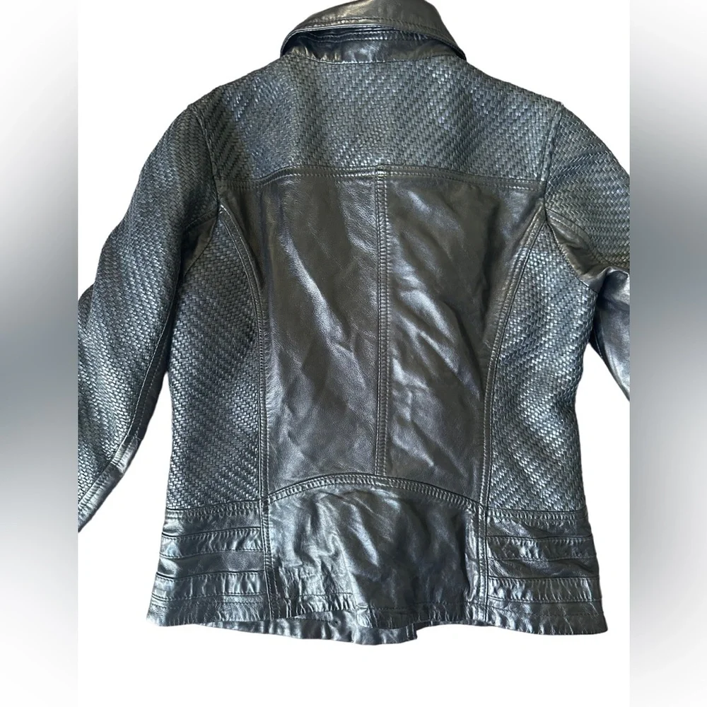 D73 Black Leather Biker Jacket Woven Leather Women’s Size M - Picture 4 of 15